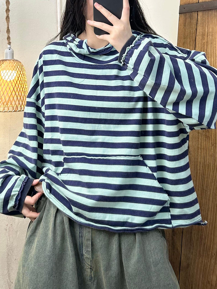 Women Autumn Casual Stripe Cotton Half Turtleneck Sweatshirt AI1065