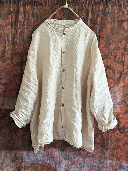 Chemise boutonnée en lin uni vintage pour femme AI1043 