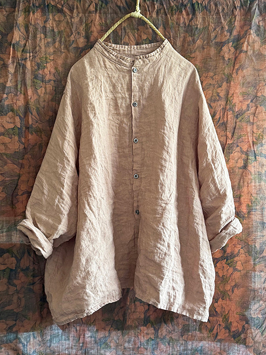 Chemise boutonnée en lin uni vintage pour femme AI1043 