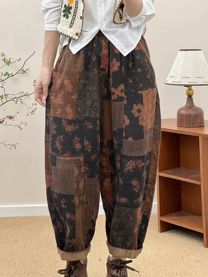 Women Autumn Vintage Patch Spliced Cotton Harem Pants AI1032