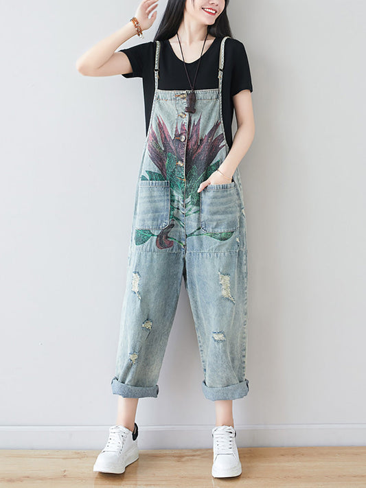 Combinaisons en denim à poches effilochées et à fleurs artistiques pour femmes AI1080 