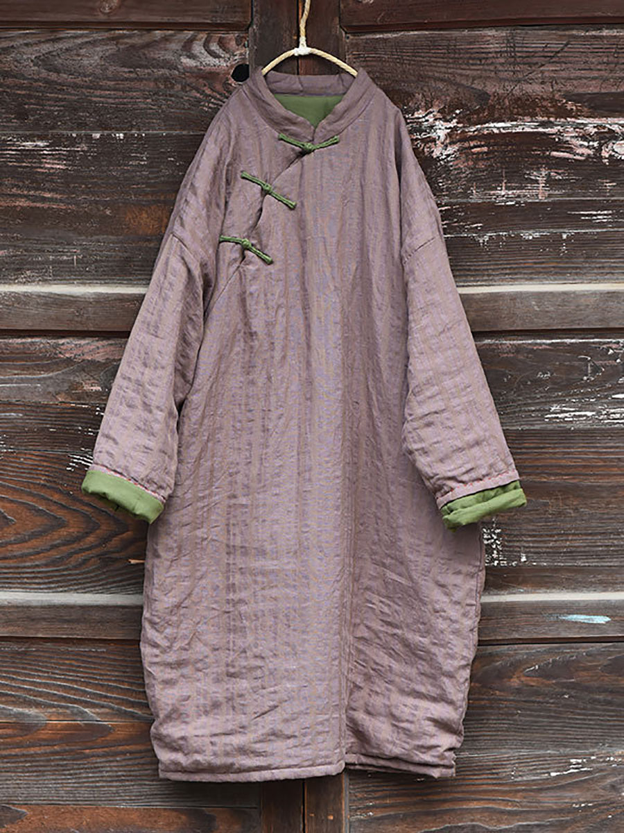 Women Vintage Stripe Warm Button 100%Linen Robe Coat AI1002