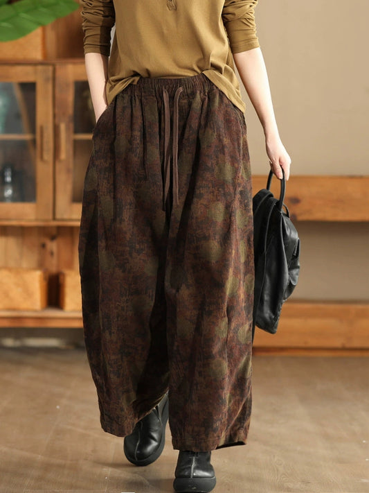 Women Autumn Vintage Flower Strap Corduroy Harem Pants AI1036