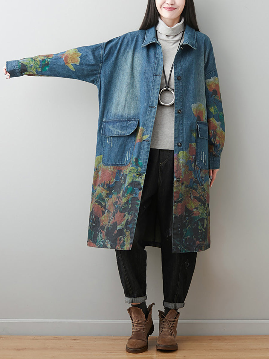 Women Autumn Artsy Flower Turn-down Collar Denim Coat AI1070