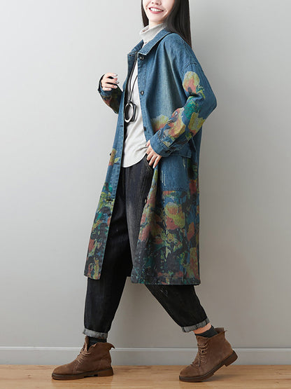 Women Autumn Artsy Flower Turn-down Collar Denim Coat AI1070