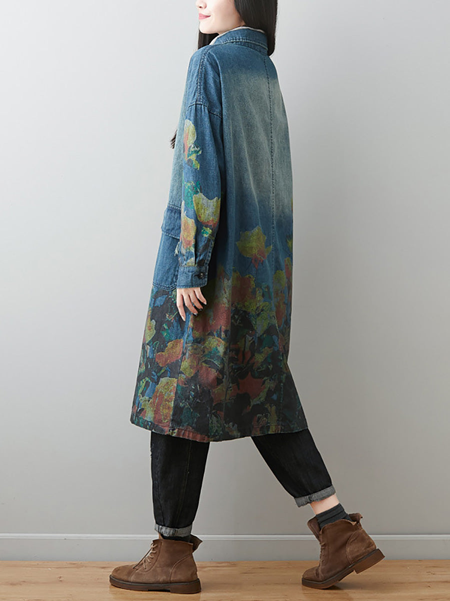 Women Autumn Artsy Flower Turn-down Collar Denim Coat AI1070