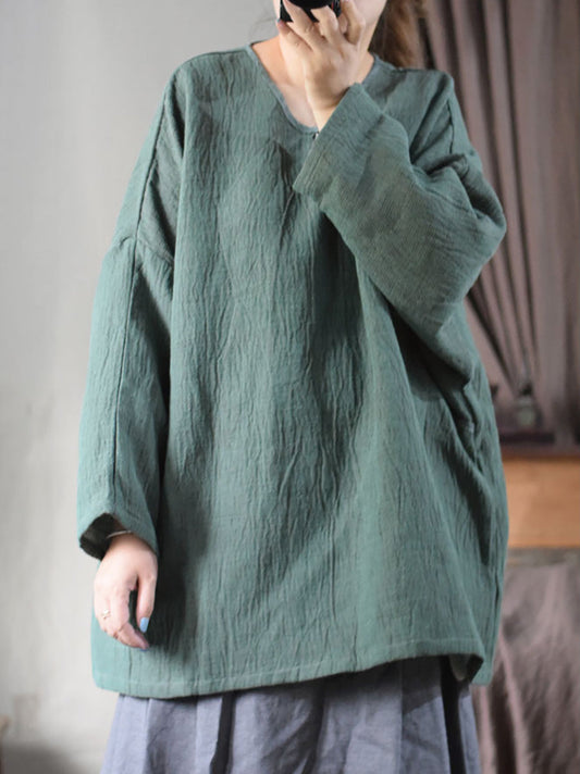 Women Vintage Autumn Solid Cotton Linen Long Shirt AI1004