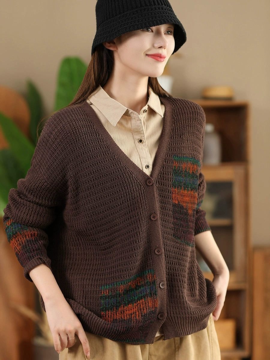 Women Vintage Artsy Print Knit V-Neck Cardigan Sweater AH1012