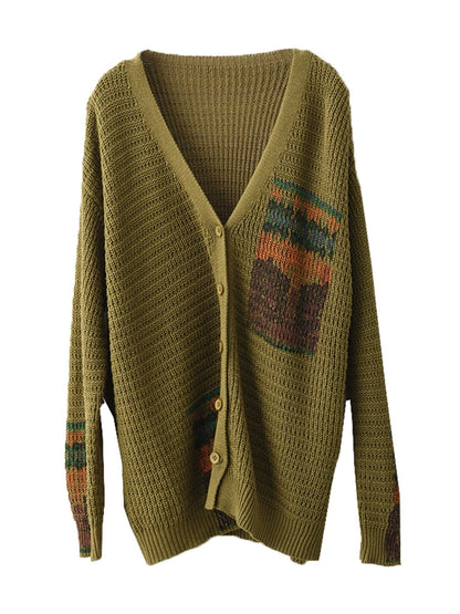 Women Vintage Artsy Print Knit V-Neck Cardigan Sweater AH1012