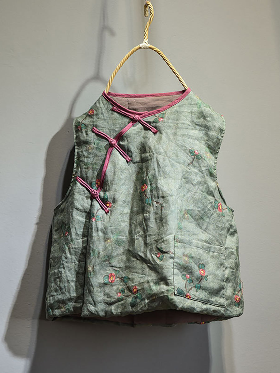 Women Retro Floral Casual Pocket Vest AH1010