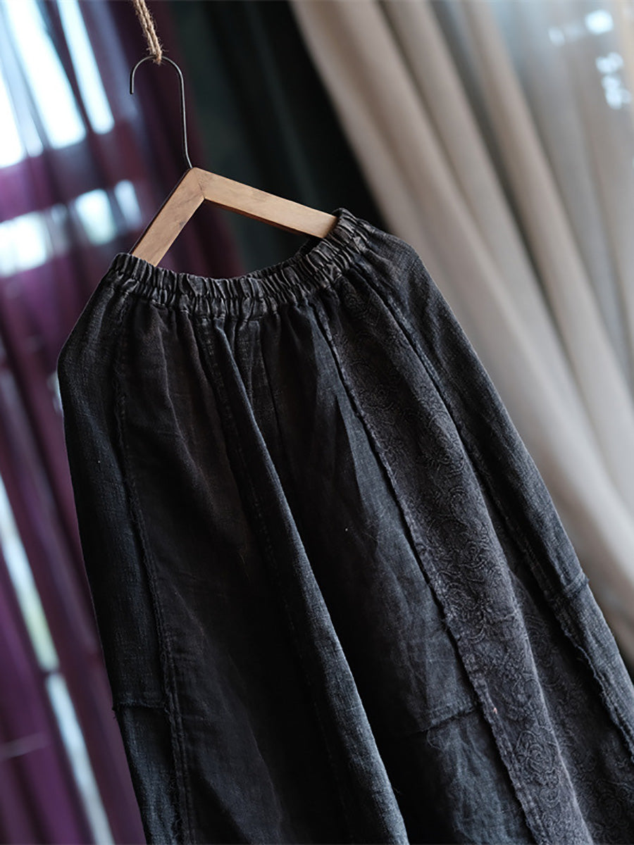 Women Vintage Linen Spliced Loose Raw-edge Skirt AK1010