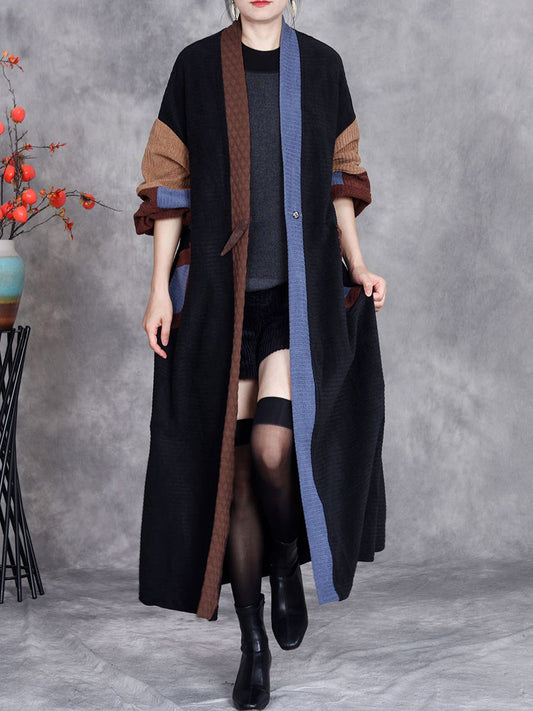 Women Winter Artsy Colorblock Cardigan Long Coat AH1020