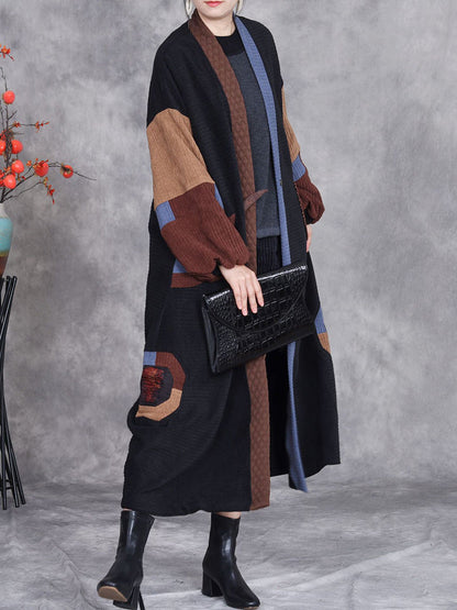 Women Winter Artsy Colorblock Cardigan Long Coat AH1020