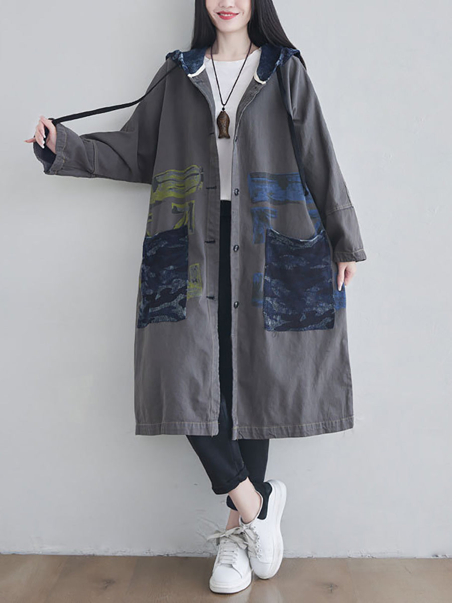 Women Autumn Artsy Colorblock Cotton Hooded Coat AH1030