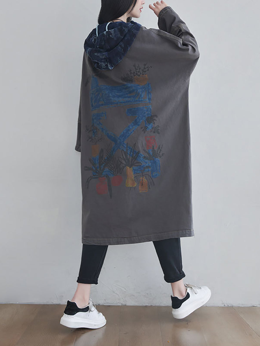 Women Autumn Artsy Colorblock Cotton Hooded Coat AH1030