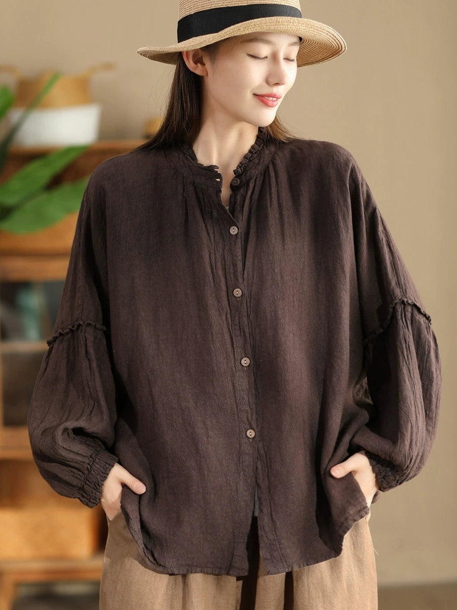 Women Autumn Vintage Solid Stand Collar Button Blouse AH1007