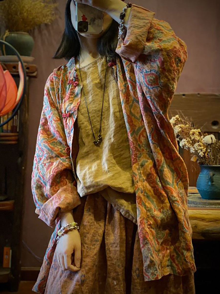 Women Vintage Autumn Print 100%Linen Button-up Coat AH1015