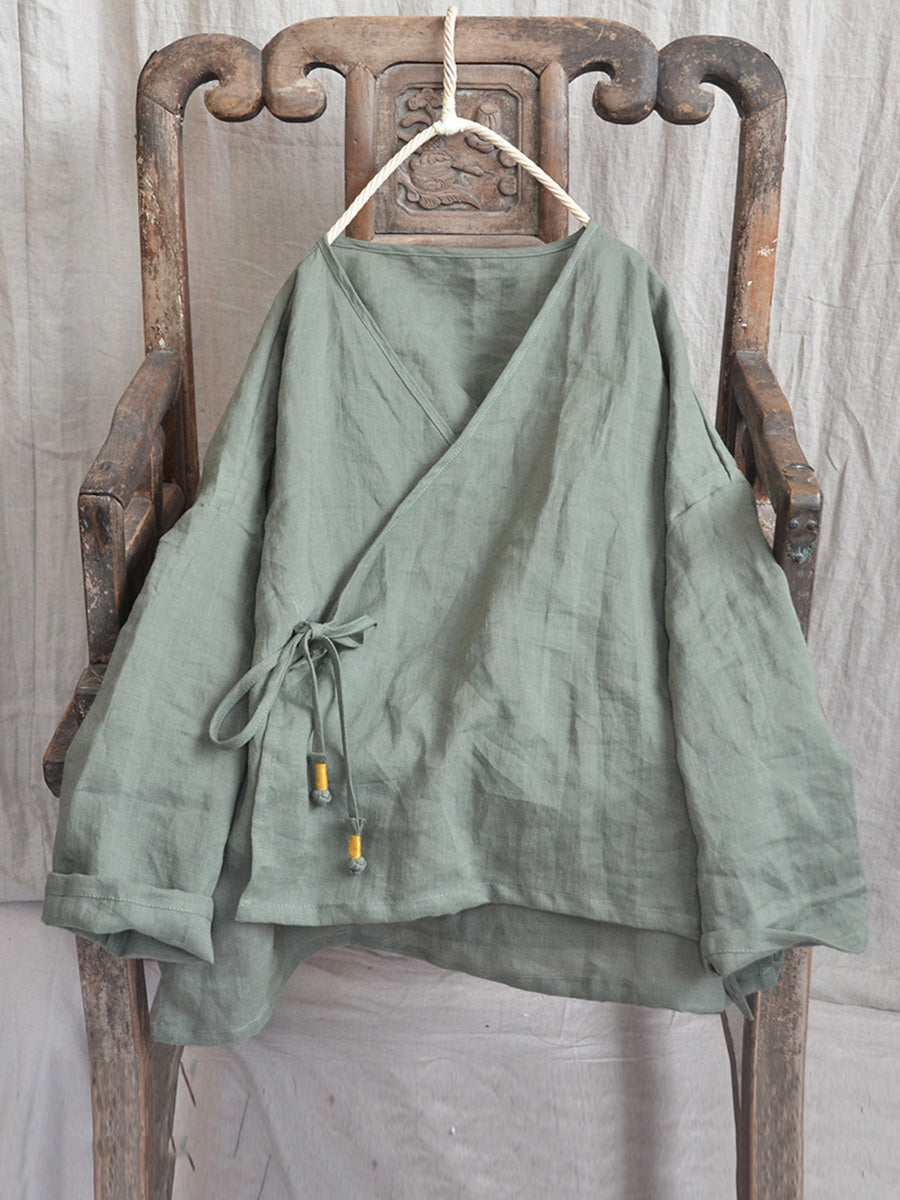 Women Vintage Autumn V-Neck Strap Loose Linen  AK1012