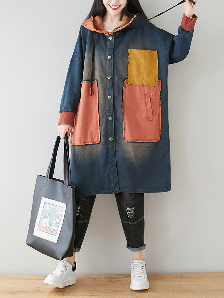 Manteau à capuche en denim à blocs de couleurs pour femmes, automne, AH1031 