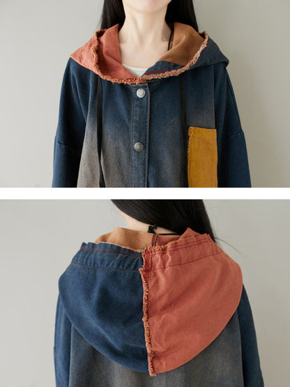 Manteau à capuche en denim à blocs de couleurs pour femmes, automne, AH1031 