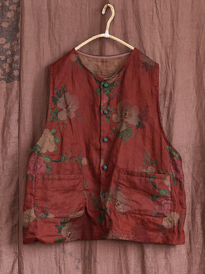 Women Vintage Flower O-Neck Thin Linen Vest AH1019