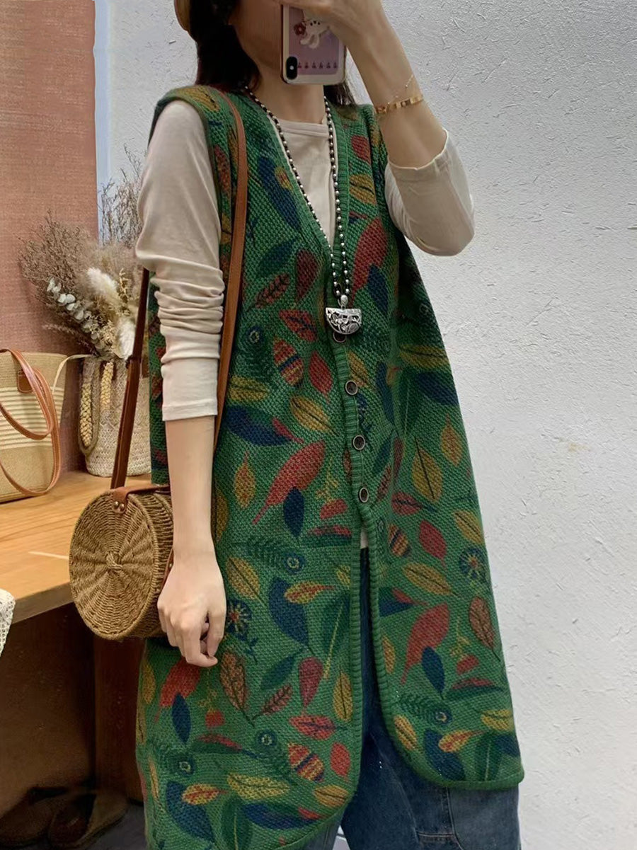 Women Autumn Artsy Leaf Print Knit V-Neck Vest Coat AH1036