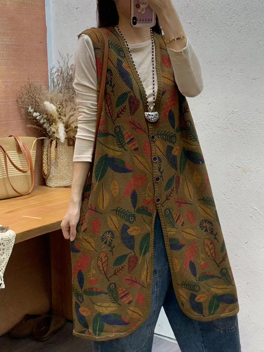 Women Autumn Artsy Leaf Print Knit V-Neck Vest Coat AH1036