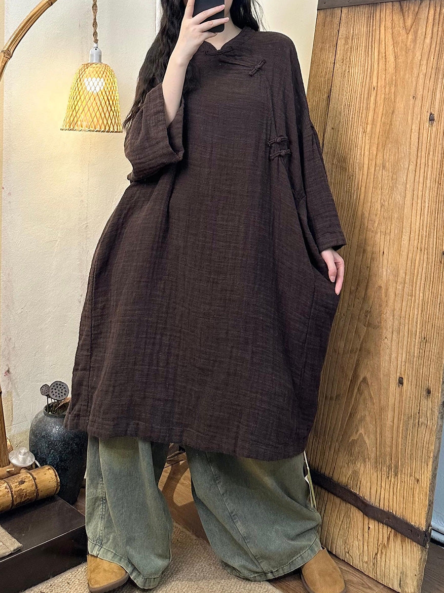 Women Vintage Autumn Solid Linen Cotton Robe Dress AH1016