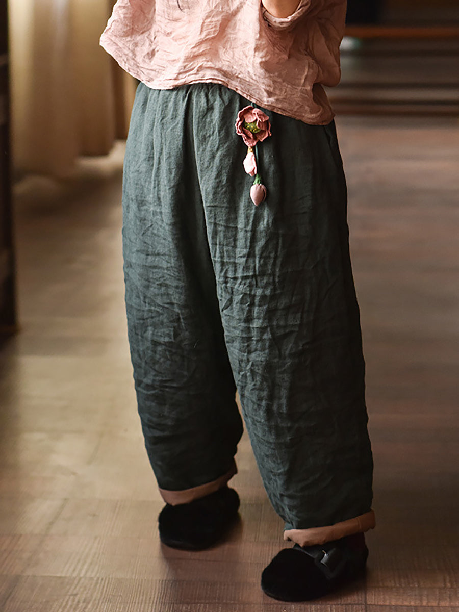 Women Autumn Retro Pure Color Padded Linen Harem Pants AK1020