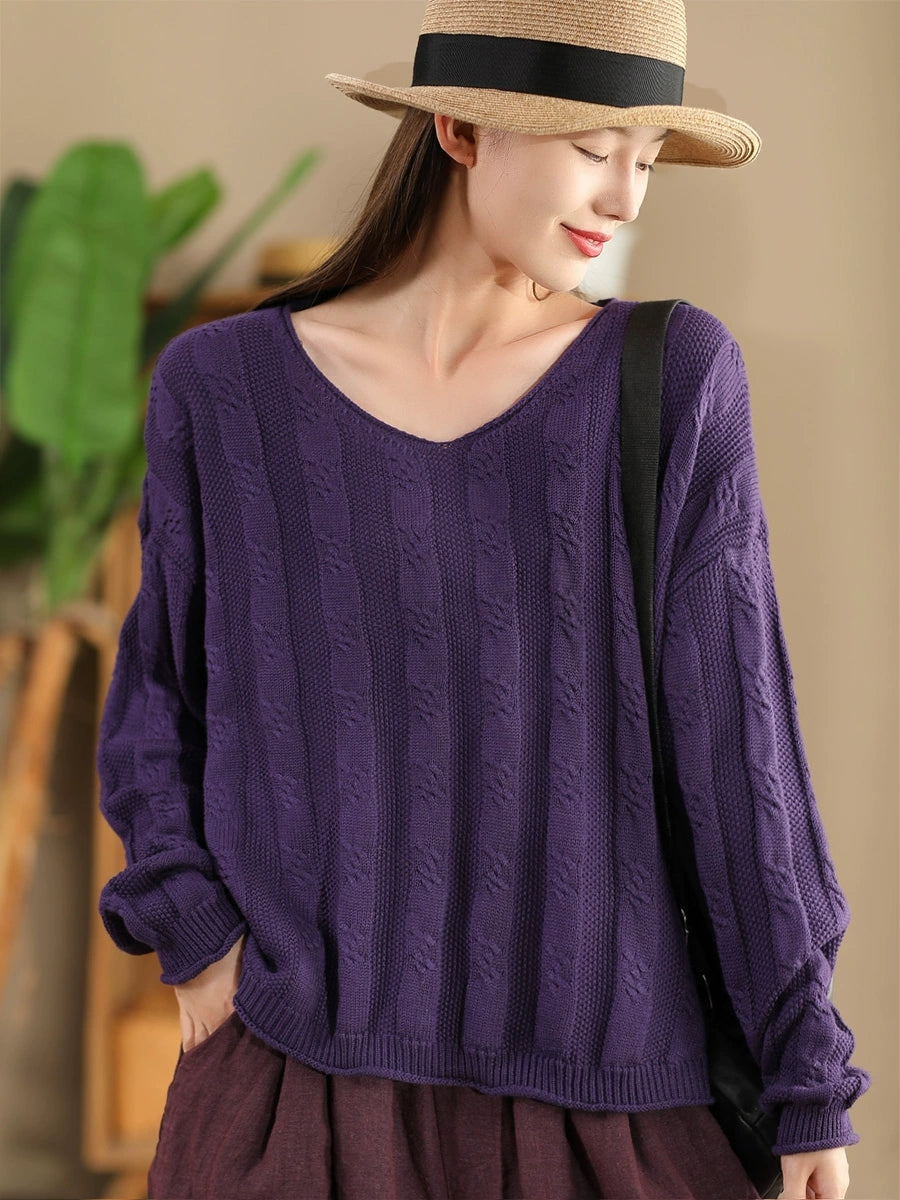 Women Artsy Autumn Cotton V-Neck Knit Sweater AK1026