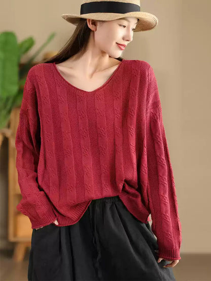 Women Artsy Autumn Cotton V-Neck Knit Sweater AK1026