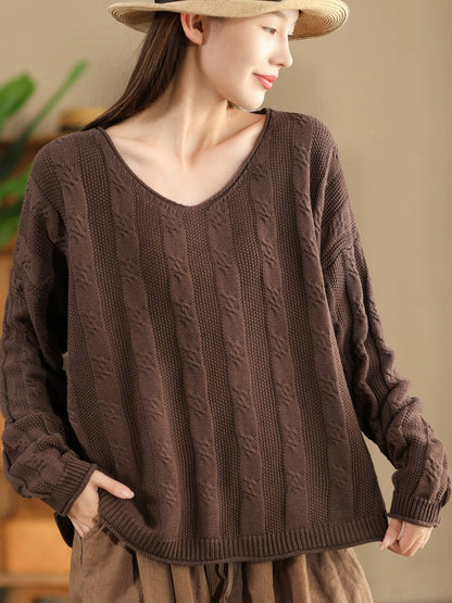 Women Artsy Autumn Cotton V-Neck Knit Sweater AK1026