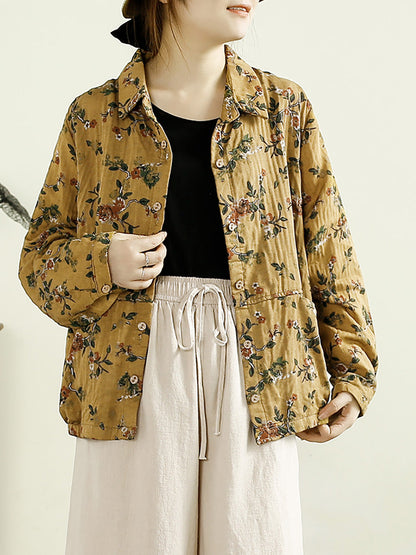 Women Autumn Artsy Flower Cotton Shirt Coat AK1038