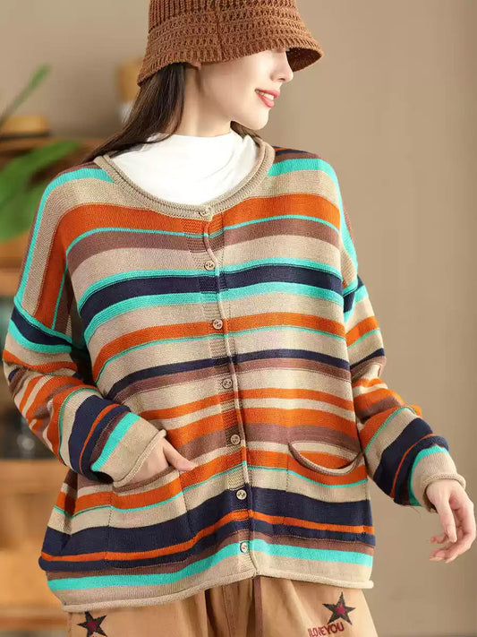 Women Casual Autumn Colorblock Stripe O-Neck Cotton Sweater AH1069