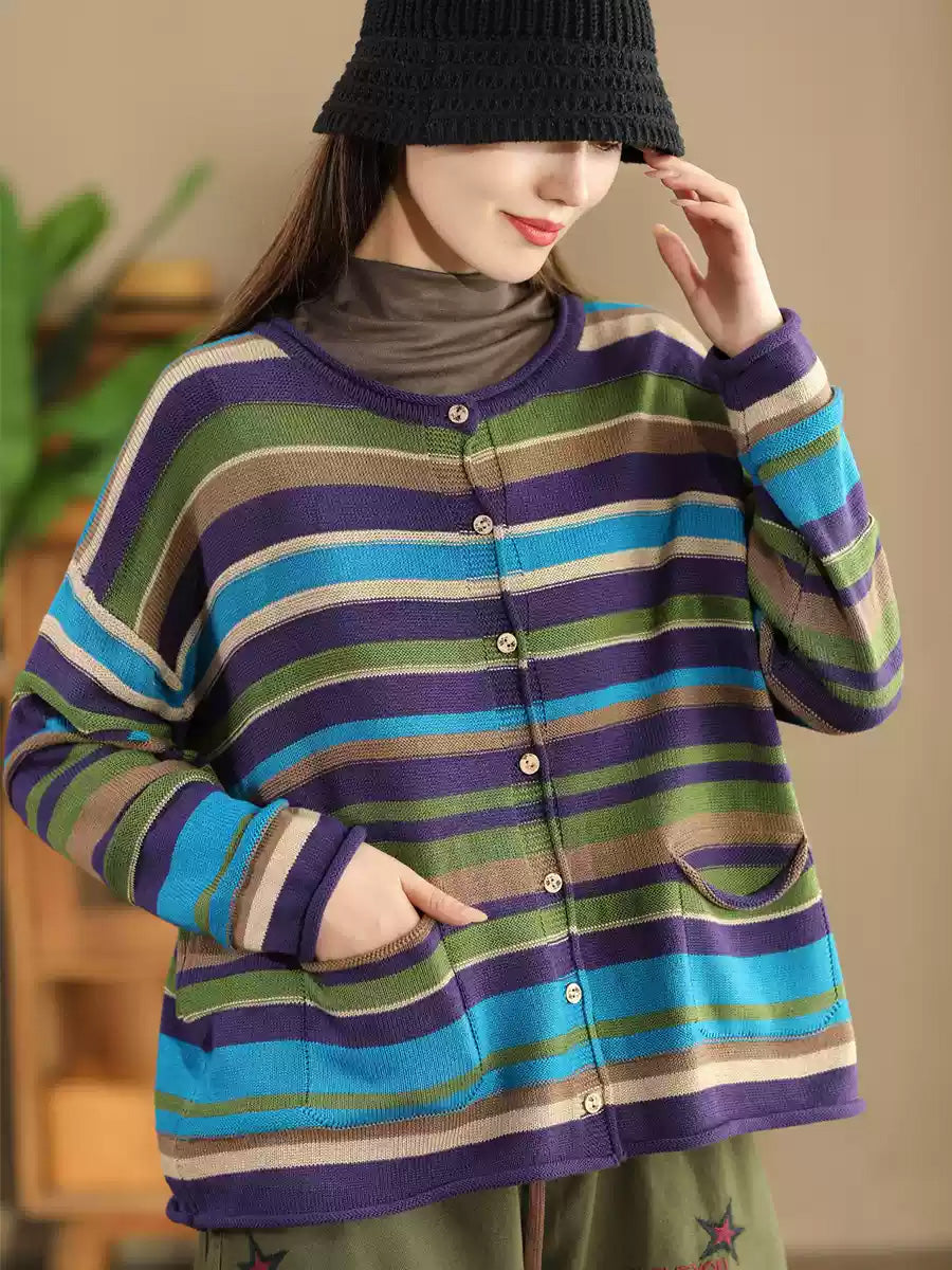 Women Casual Autumn Colorblock Stripe O-Neck Cotton Sweater AH1069