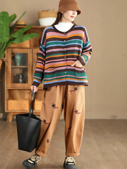 Women Casual Autumn Colorblock Stripe O-Neck Cotton Sweater AH1069