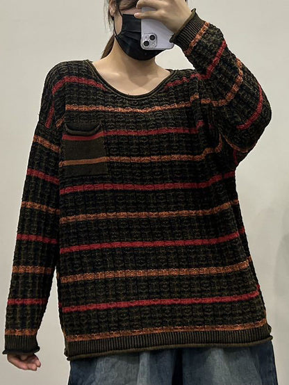 Women Casual Autumn Stripe Knit O-Neck Sweater AX1005