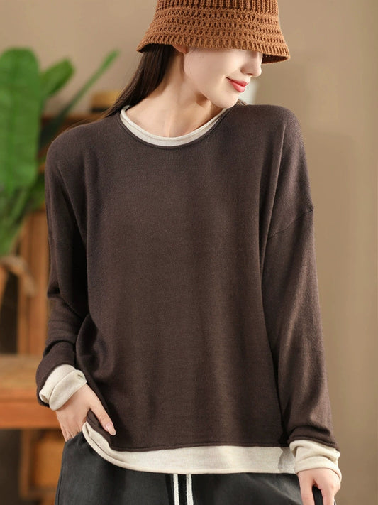 Women Casual Autumn Colorblock O-Neck Blouse AX1034