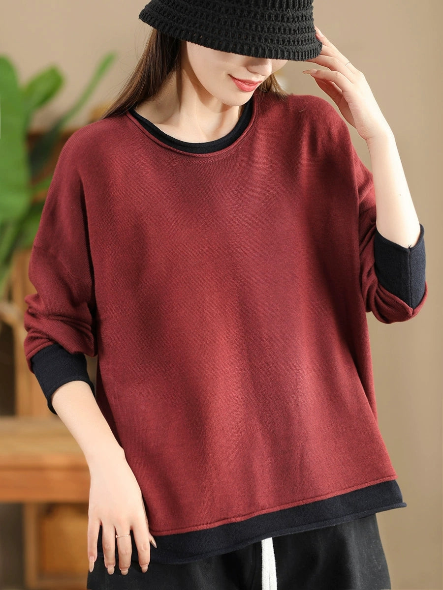 Women Casual Autumn Colorblock O-Neck Blouse AX1034