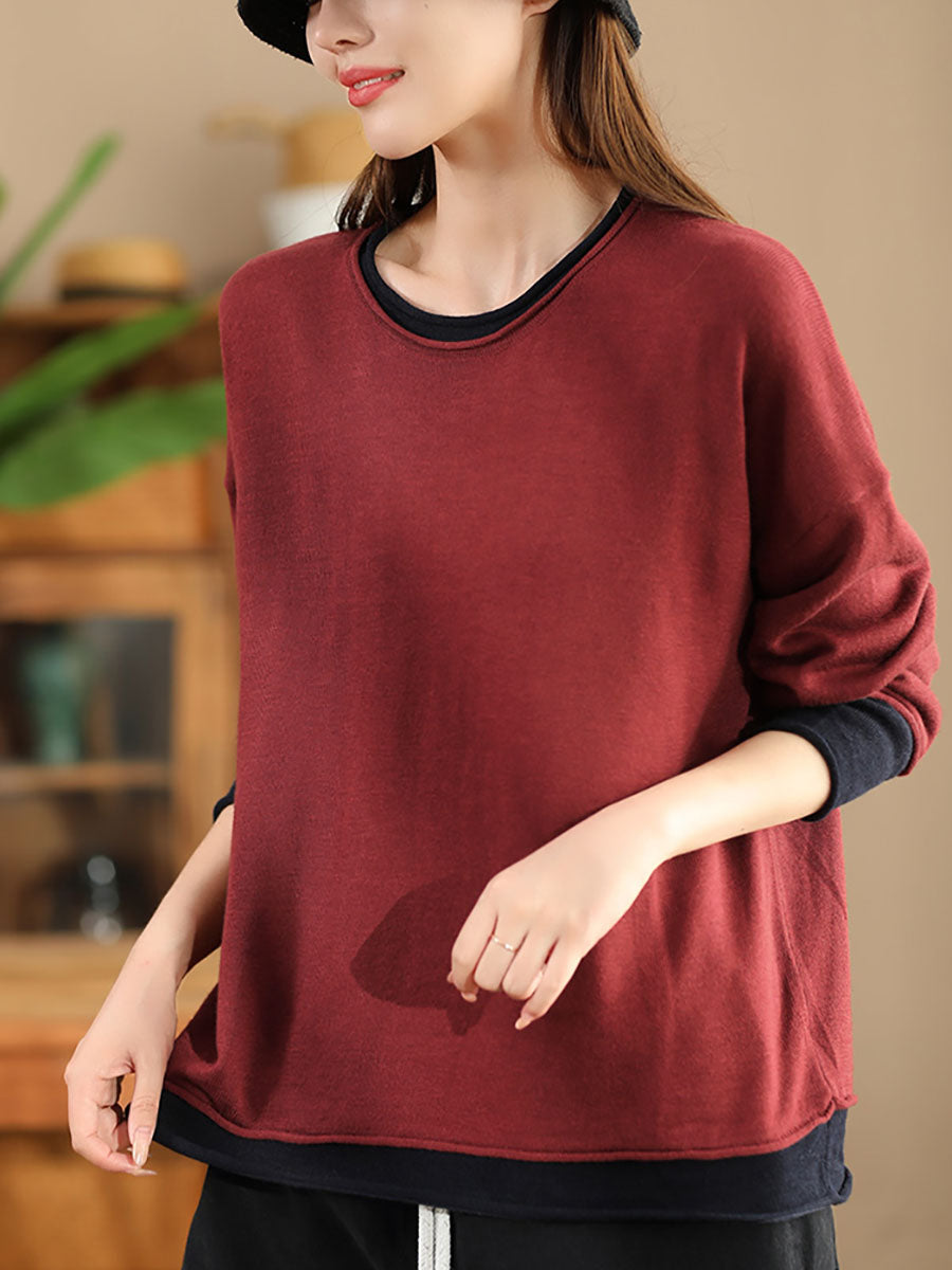 Women Casual Autumn Colorblock O-Neck Blouse AX1034