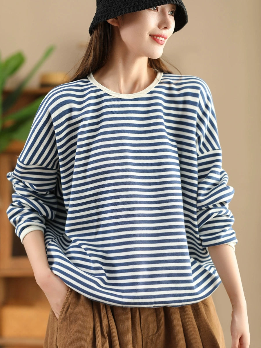 Women Casual Autumn Stripe O-Neck Cotton Blouse AX1035