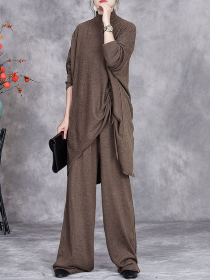 Women Autumn Artsy Solid Half Turtleneck Strap Knit Suits AX1037