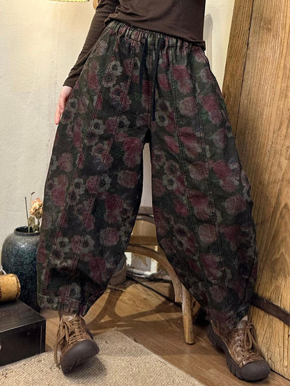 Women Autumn Retro Flower Spliced Denim Harem Pants AX1039