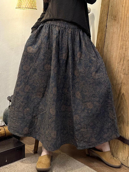 Women Autumn Flower Linen Loose Skirt AX1040