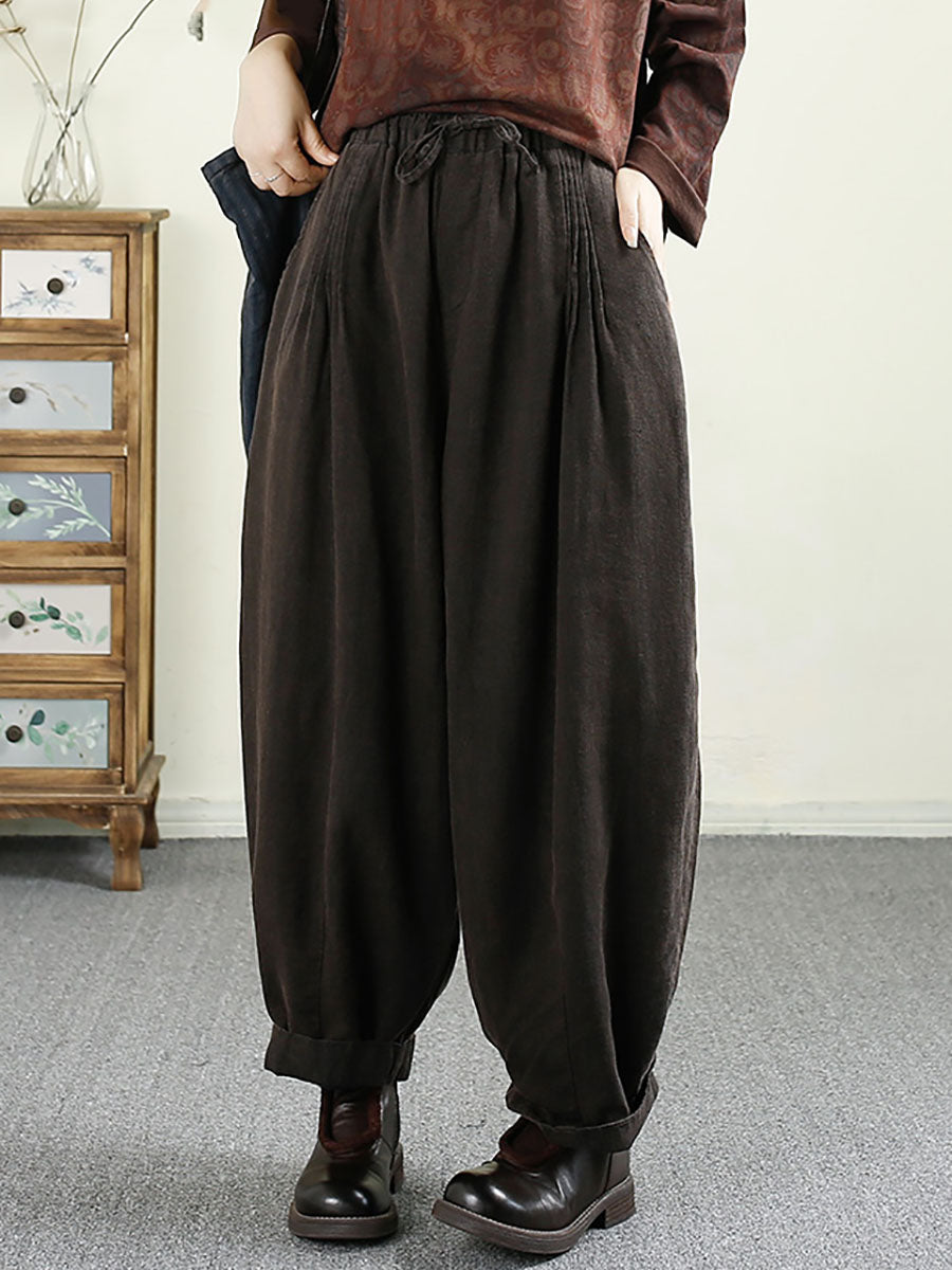 Women Autumn Vintage Solid Shirred Linen Harem Pants AV1014