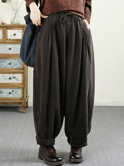 Women Autumn Vintage Solid Shirred Linen Harem Pants AV1014