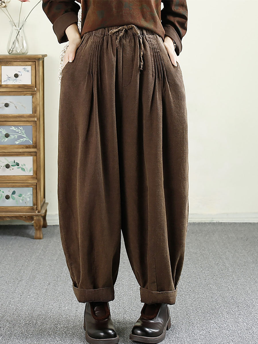 Women Autumn Vintage Solid Shirred Linen Harem Pants AV1014