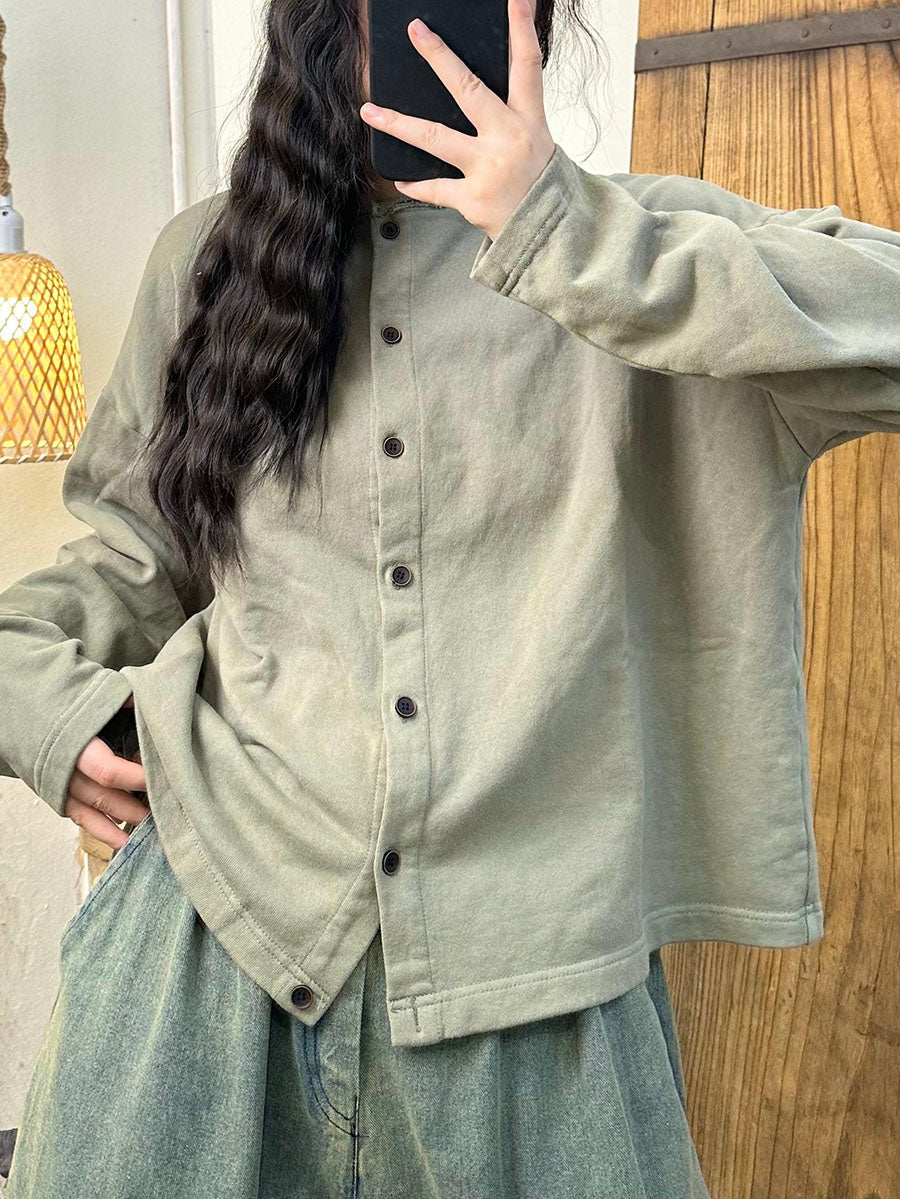 Women Casual Autumn Solid O-Neck Button Cotton Blouse AV1015