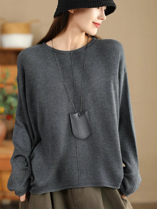 Women Solid Casual O-Neck Knit Loose Silk Blouse WG033