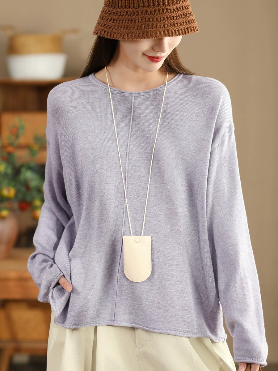 Women Solid Casual O-Neck Knit Loose Silk Blouse WG033